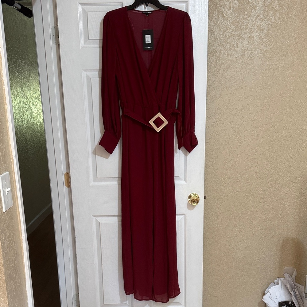 Fashion Nova Burgundy Wrap Jumpsuit with Geometric Buckle